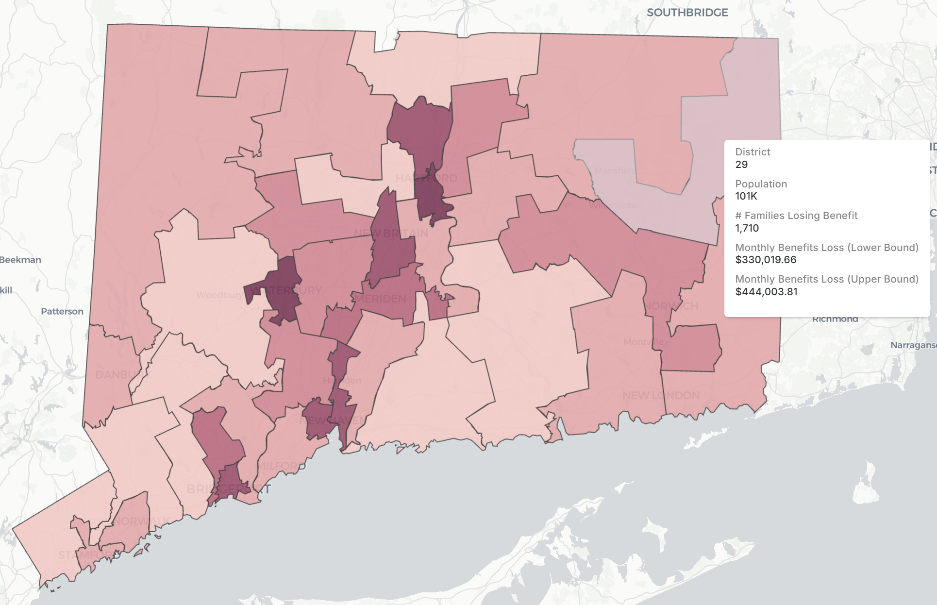 DataHaven SNAP losses by state senate district interactive data map